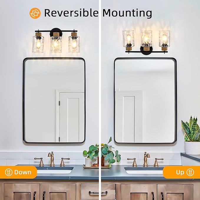 3-Light Bathroom Light Fixtures, Coastal Vanity Lights with Crystal Glass Shade, Black Bathroom Wall Lamp for Mirror Kitchen Hallway Bedroom