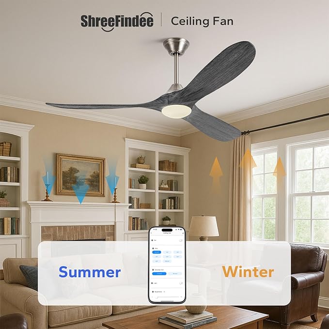 60 Inch Smart Outdoor Ceiling Fans with Light Alexa/Tuya App/Remote Control, Modern Gray Wood DC Ceiling Fan with Dimmable Led Light, Damp-rated Exterior Ceiling Fan for Patios Gazebo Bedroom Office