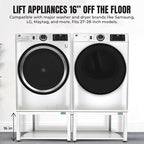 Washer and Dryer Pedestals - 24" W, 16" H, White Steel Universal Fit with Major Brands, Leak-Proof Laundry Pedestal with Drain Pan & Hose, Washer and Dryer Stand for Back Pain Relief, 800 lbs Capacity