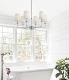 Modern 6 Light Chrome Chandelier with White Fabric Shades Elegant Ceiling Light,Farmhouse & Industrial Pendant Chandelier for Dining Room Living Room Bedroom,E12 Base