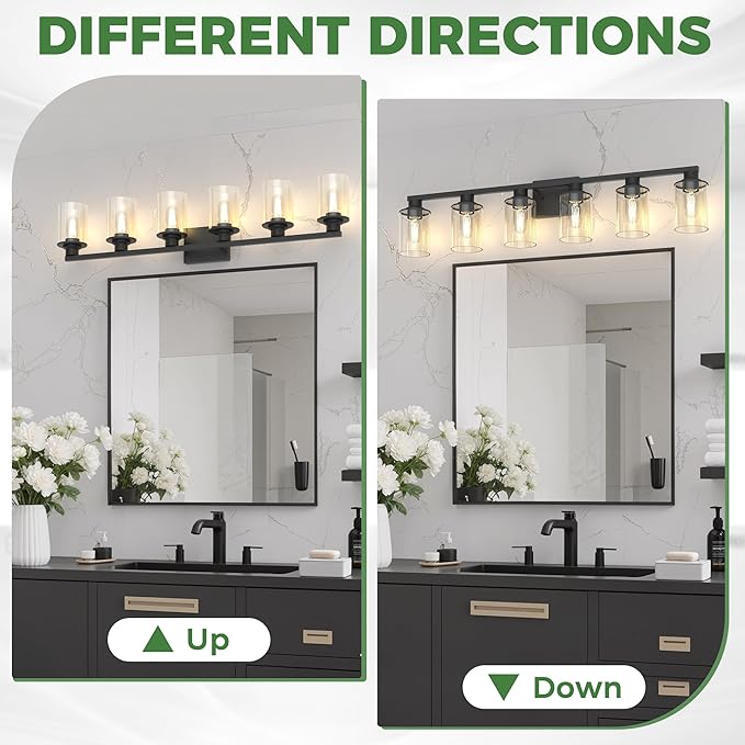 DORESshop Bathroom Light Fixtures, 6-Light Matte Black Bathroom Lighting Fixtures Over Mirror with Clear Glass Shade, Vanity Lights for Hallway Living Room Bedroom