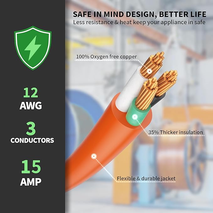 POWGRN 10 FT 12/3 Gauge Extension Cord with Multiple Outlets Outdoor, 3 Outlet Extension Cord Heavy Duty Orange with Lighted, Tri-Tap Power Cable, 12AWG 15Amp 1875Watts 125Volts SJTW, ETL Listed