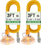 POWGRN 3 FT 2 Pack 12/3 Gauge Extension Cord with Multiple Outlets Outdoor, 3 Outlet Extension Cord Heavy Duty Yellow with Lighted, Tri-Tap Power Cable, 12AWG 15Amp 1875Watts 125Volts SJTW, ETL Listed