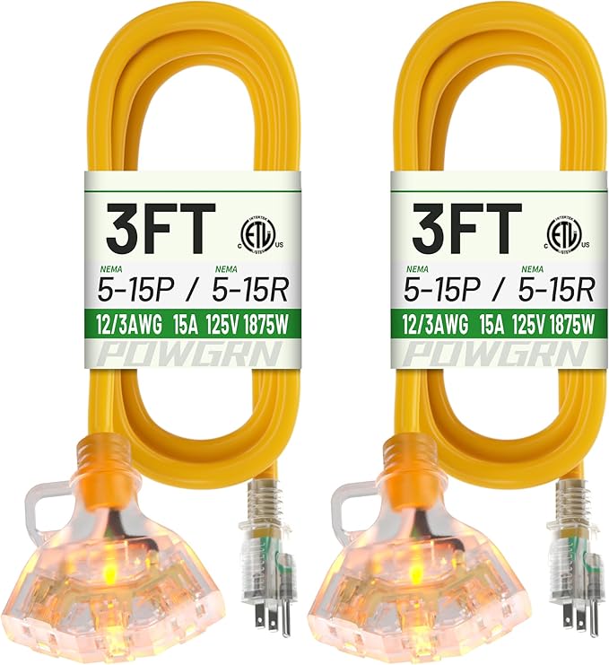 POWGRN 3 FT 2 Pack 12/3 Gauge Extension Cord with Multiple Outlets Outdoor, 3 Outlet Extension Cord Heavy Duty Yellow with Lighted, Tri-Tap Power Cable, 12AWG 15Amp 1875Watts 125Volts SJTW, ETL Listed