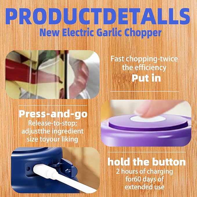 Electric Garlic Chopper, 2025 New Mini Portable Veggie Chopper, Garlic Grinder Masher Rechargeable, Wireless Food Processor for Ginger, Chili, Fruit, Meat (Purple, 250ML)
