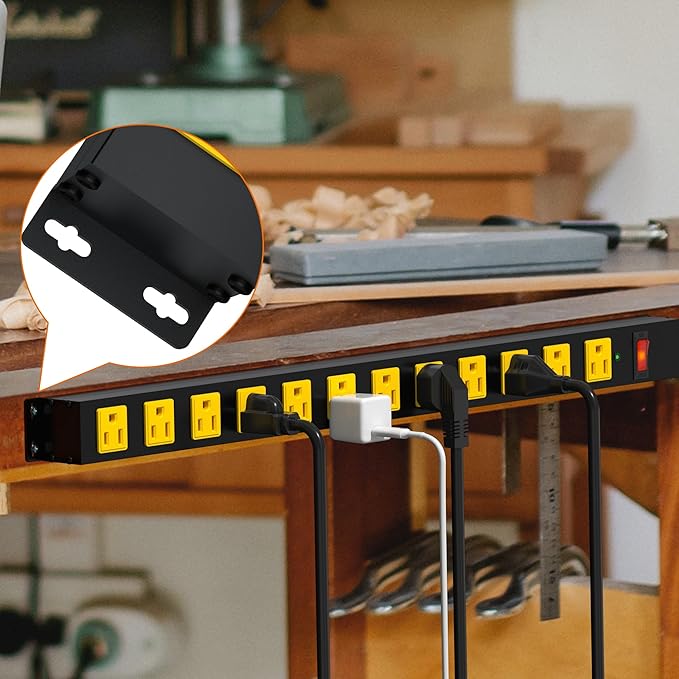 Metal 12 Outlet Mountable Power Strip, Surge Protector Heavy Duty Cord Wide Spaced and Wall Mount Metal Powerstrip for Outdoor, Desk, Garage, Industrial, Shop and Indoor (10ft)