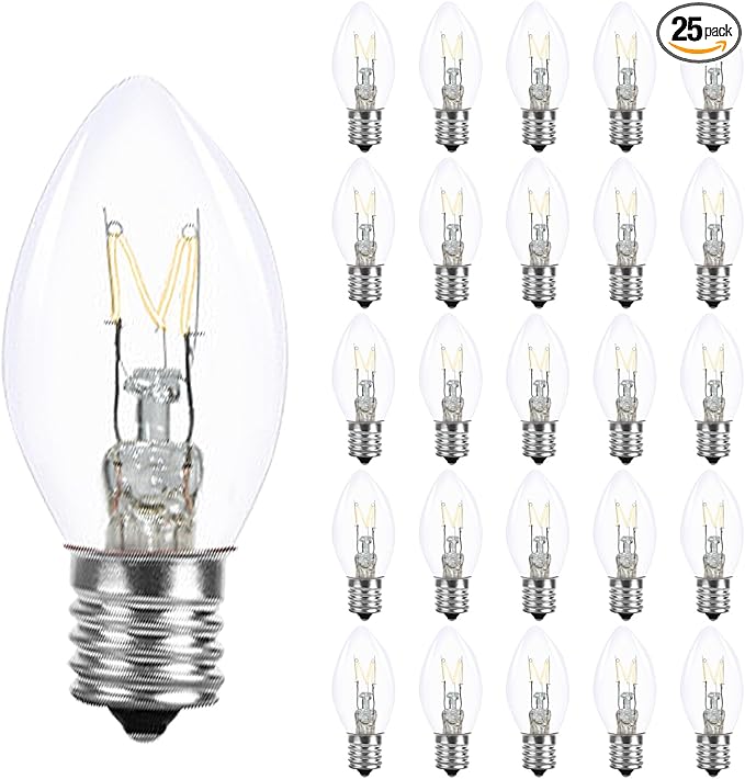 25 Pack C7 Christmas Light Bulbs Nightlight Bulb Vintage Clear Replacement Bulbs for Christmas Village Houses, Xmas Tree, Night Lights, Window Candle & String Light Bulbs Replacement, E12 Base, 5W