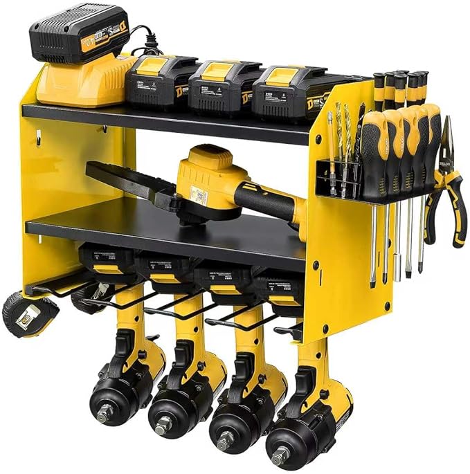 3 layers power tool organizer Loads 150lbs with 4 Cordless Drill Holder and 8 Outlet Power Strip,it’s good choice for husband birthday gift,yellow