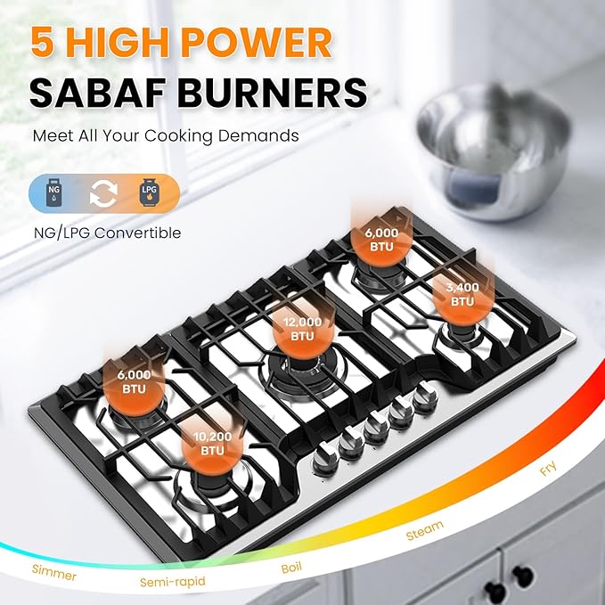 36 Inch Gas Cooktop with Griddle, Propane Stove Top with 5 ITALY SABAF Sealed Burners 41,800BTU, NG/LPG Convertible Built-in Stainless Steel Thermocouple Protection for Rvs Kitchen Outdoor