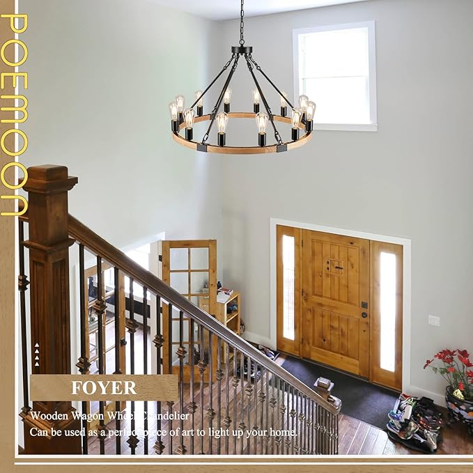 31.5'' 12 Lights Wooden Wagon Wheel Chandelier Natural Farmhouse Wood Round Chandelier Black Rustic Light Fixture for Living Dining Room Entryway Foyer Kitchen
