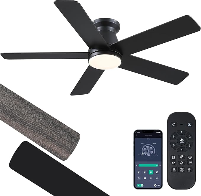 46" Black Flush Mount Ceiling Fans - Low Profile Ceiling Fan Light with Remote/App, 6 Wind Speeds and 3CCT Dimmable, Modern Indoor/Outdoor Fan Light Fixture