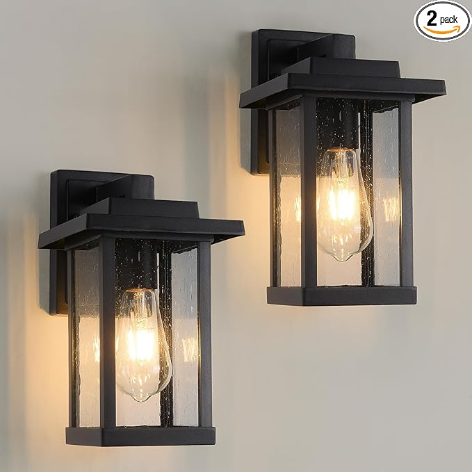Black Exterior Light Fixtures 2 Pack, Farmhouse Outdoor Wall Sconce, Modern Front Porch Light with Seeded Glass for House Patio Garage Entrace