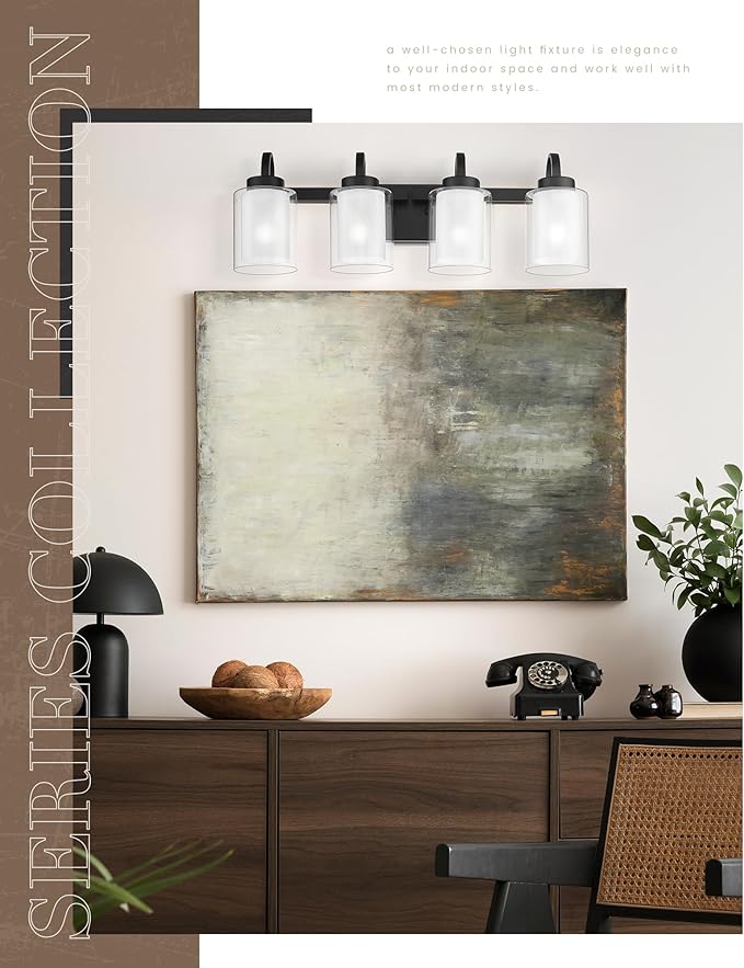 TENGXIN 4-Light Bathroom Light Fixtures, Matte Black Vanity Lights Over Mirror, Farmhouse Wall Sconces with Dual Glass Shade, Modern Wall Lamp for Bathroom Hallway Living Room Cabinet,TXVLBK03