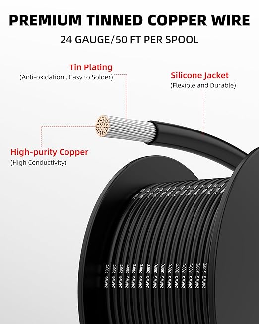 NAOEVO 24 Gauge Wire 300ft, 24 AWG Wire 6 Colors 50ft Each Spool, Flexible Silicone Tinned Copper Electrical Cable, Wiring kit for Breadboard/Automotive/DIY/Battery, 200℃
