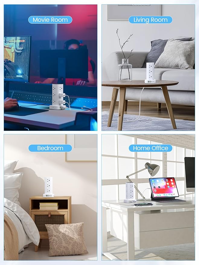 Tower Power Strip with 15W Wireless Charger, 10FT Flat Plug Extension Cord with Multiple Outlets, 12 AC Outlets, 4 USB Ports (2 USB C) Charging Station Surge Protector for Office Home Dorm Room(White)