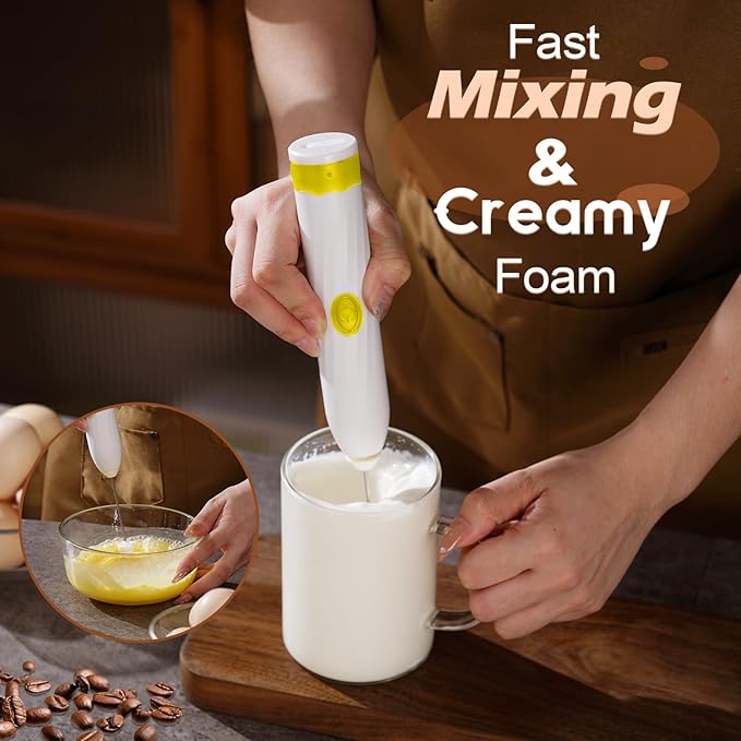 Milk Frother Handheld Rechargeable,Hand Mixer Electric Whisk with 2 Speeds,Drink Mixer Coffee Frother With 2 Stainless Steel Whisks for Coffee, Matcha, Lattes, Cappuccino,Egg,No Stand (Yellow)