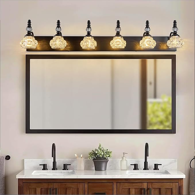 Modern Crystal Bathroom Vanity Light Black Vintage Bathroom Light Fixtures 6-Lights Glass Crystal Vanity Lights