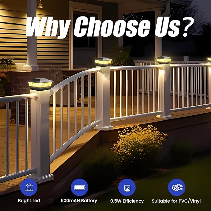 APONUO Solar Post Cap Lights 6 Pack, Waterproof Outdoor LED Deck Lights for 4x4, 5x5, 6x6 Wood Fence & Vinyl Posts, 2 Color Modes (Warm/Cool), All-Night Lighting, Auto On/Off, Patio Garden Yard Decor