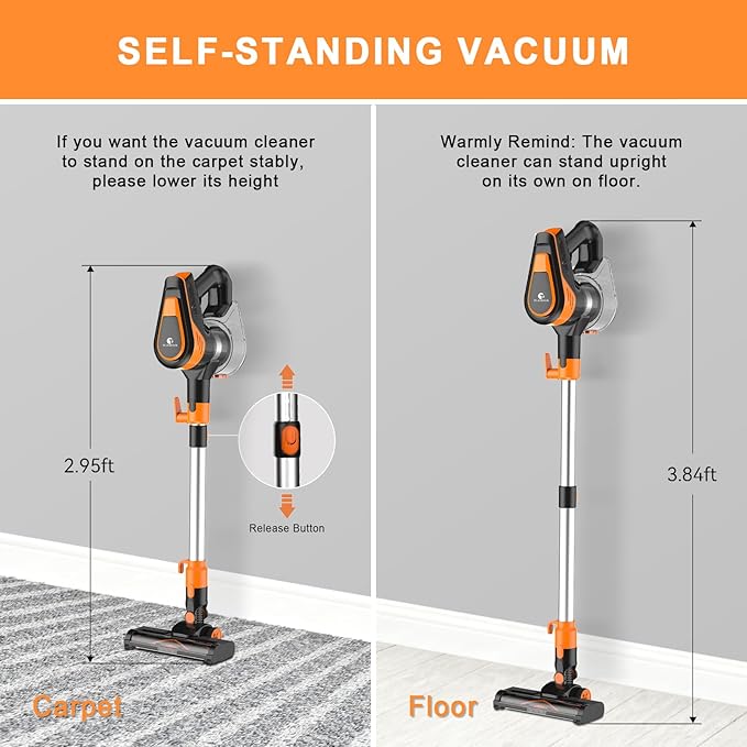 23Ft Corded Vacuum Cleaner, 600W Powerful Self-Standing Stick Vacuum for Home with 20Kpa Suction, 2 Speeds Lightweight Household Vacuum Cleaner for Carpet,Hardwood Floors and Pet Hair