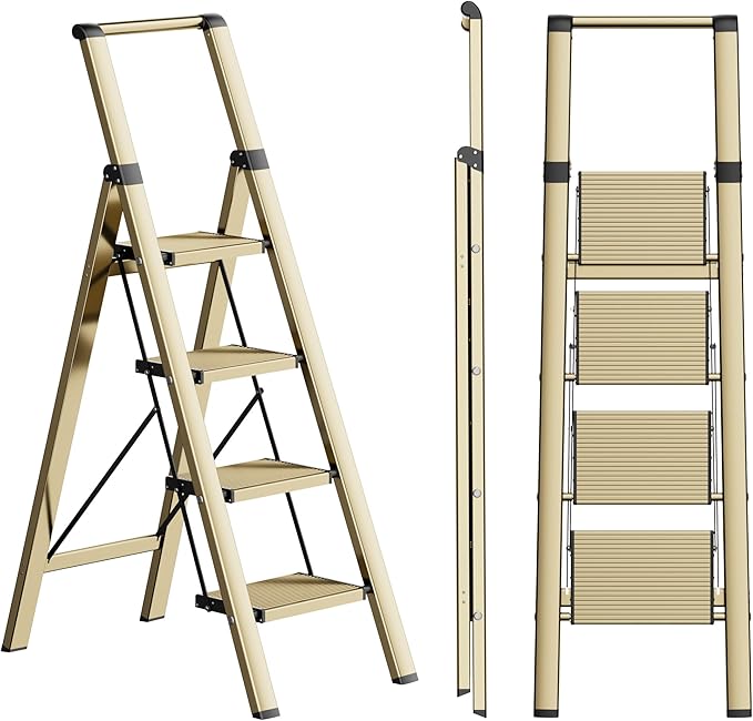 4 Step Ladder, Folding Step Stool with Anti-Slip Wide Sturdy Pedal and Handgrip, Portable Lightweight Aluminum Stepladder, 300 lbs Capacity, Multi-Use for Home, Library - Brown Gold