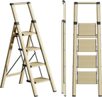 4 Step Ladder, Folding Step Stool with Anti-Slip Wide Sturdy Pedal and Handgrip, Portable Lightweight Aluminum Stepladder, 300 lbs Capacity, Multi-Use for Home, Library - Brown Gold