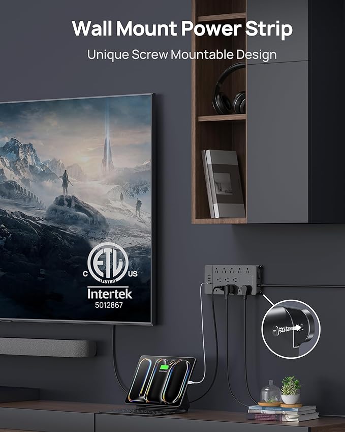 TROND Power Strip Surge Protector 10 ft Cord, 4000 Joules, ETL Listed, 13 Widely-Spaced Outlets Expansion with USB C Ports, Low-Profile Flat Plug, Wall Mount, Extension Cord, 14AWG Heavy Duty, Black