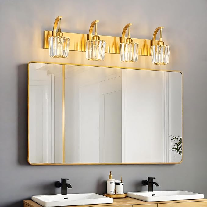 Modern Bathroom Vanity Light, 4-Light Gold Wall Sconce with Crystal Accents, Over Mirror Bathroom Lighting Fixture, 32.67" Long Dimmable Vanity Lamp for Makeup, Easy Installation