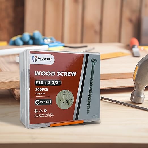 Wood Screws 2-1/2 inch, 300pcs Countersunk Self Tapping Screws #10 x 2-1/2", Carbon Steel, Against Rust and Corrosion Screw, Green Coated Exterior Wood/Deck Screws, Star Drive with Bit