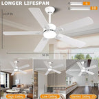 56inch Modern White Ceiling Fans with Lights and Remote/App Control, Dimmable LED, Reversible DC Motor, Noiseless, 6 Speeds Low Profile Ceiling Fan for Livingroom Indoor/Outdoor Use