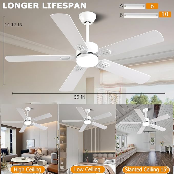 56inch Modern White Ceiling Fans with Lights and Remote/App Control, Dimmable LED, Reversible DC Motor, Noiseless, 6 Speeds Low Profile Ceiling Fan for Livingroom Indoor/Outdoor Use