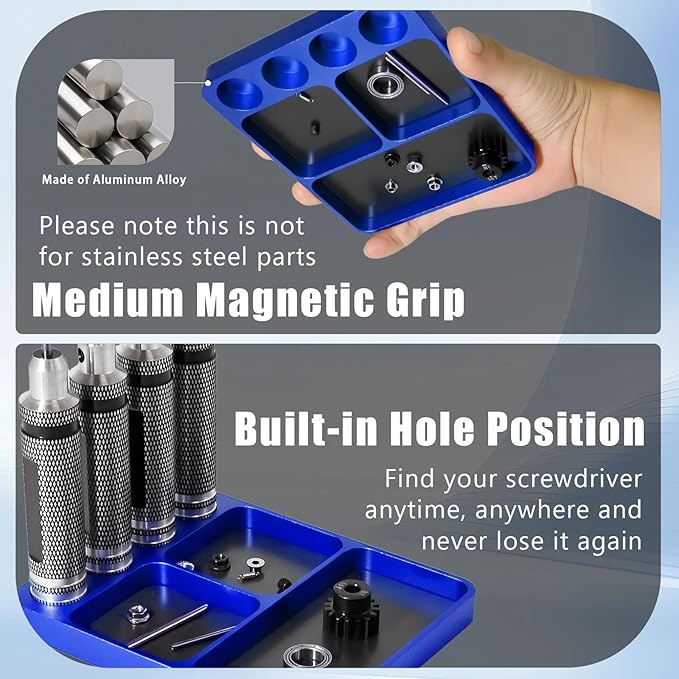 Magnet Tool Tray Aluminum Alloy Screw Tray with Tool Holder RC Parts Fixing for 1/10 RC Cars, Drones, Phone, Computer, Eyeglass, Electronic Multi-Compartment Anti-Loss Organizer Storage Box(Blue)