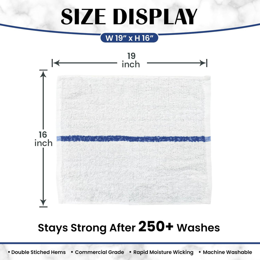 Bar Mops Blue Stripe Pack of 60 Kitchen Towels 16x19 Multi-Purpose for Home, Restaurant and Cleaning White Absorbent Washcloth Dishcloths Sets, Reusable Dish, Cloths Rags