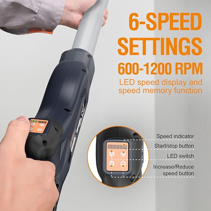 MAXXT Brushless Random Orbital Drywall Sander, 550W Powerful Constant Speed Electric Drywall Sander, 6 Variable Speed 600-1200RPM Foldable Sander Tool, With Memory Variable Speed, 360° Led Light