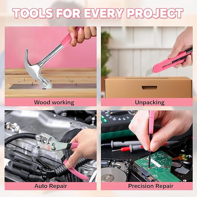 39-Piece Household Tool Set in - Perfect for Home, Garage, Office and Dorm Use - Essential Tools for The Whole Family (Pink)