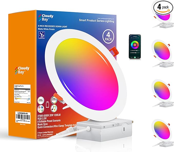 CLOUDY BAY [4 Pack] 8 inch Smart WiFi LED Recessed Lights,20W RGBCW Color Changing Recessed Lighting,Compatible with Alexa and Google Home Assistant,No Hub Required,2700K-6500K,CRI90+ Wet Location