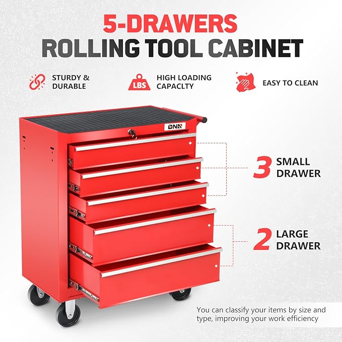DNA MOTORING 5-Drawer Rolling Tools Chest, Rolling Tool Storage Cabinet, Heavy Duty Mechanic Tool Cart, Trolley Organizer for Garage, Warehouse, Workshop, Red, TOOLS-00398