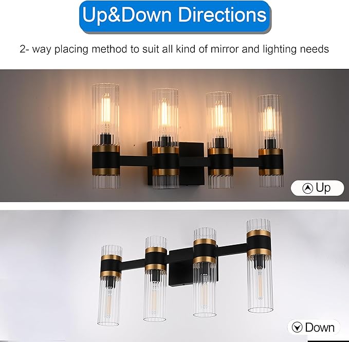 MELUCEE Bathroom Vanity Light Black 4 Lights with Ribbed Clear Glass Shade, Vanity Lighting Fixtures Over Mirror Farmhouse Bathroom Wall Lights for Powder Room Kitchen Foyer, E12 Base