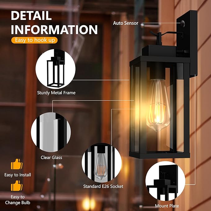 Motion Sensor Dawn to Dusk Outdoor Sensor Light Fixture Anti-Rust Exterior Wall Lighting Waterproof Outdoor Wall Lantern for Porch Patio Front Door Garage