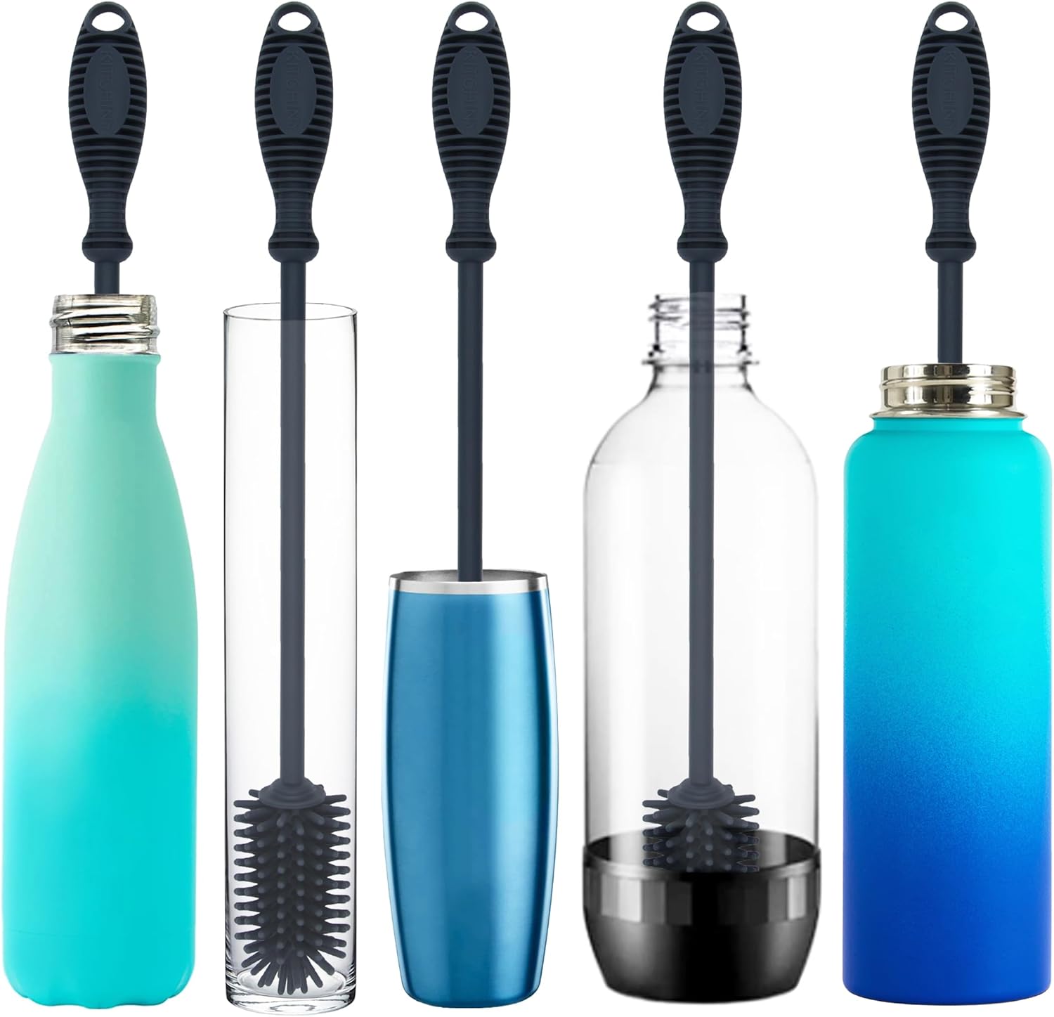 12.5" Silicone Bottle Brush & Straw Cleaner Brush Set | Water Bottle Cleaner for Hydro Flasks, Tumblers, Glassware, Vases and Narrow Neck Containers