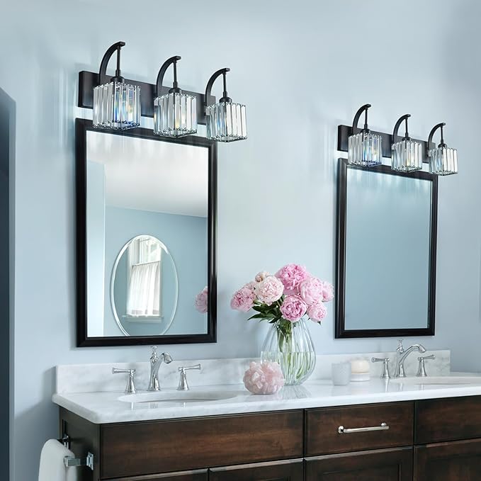 Crystal Vanity Lights 3-Light Black Bathroom Vanity Lights Modern Crystal Bathroom Light Fixtures Over Mirror 23.62" Long Vanity Light for Bathroom
