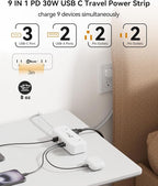 PD30W USB C Travel Power Strip,Cruise Power Strip with 5 USB(3 USB-C) Ports and 4 Outlets, Braided Extension Cord 5Ft, 30W Fast Charging Station Compatible with MacBook Laptops iPad Pro iPhone Samsung