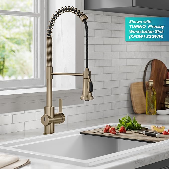 KRAUS Britt Touchless Sensor Commercial Single Handle Pull Down Kitchen Faucet in Spot Free Antique Champagne Bronze, KSF-1691SFACB