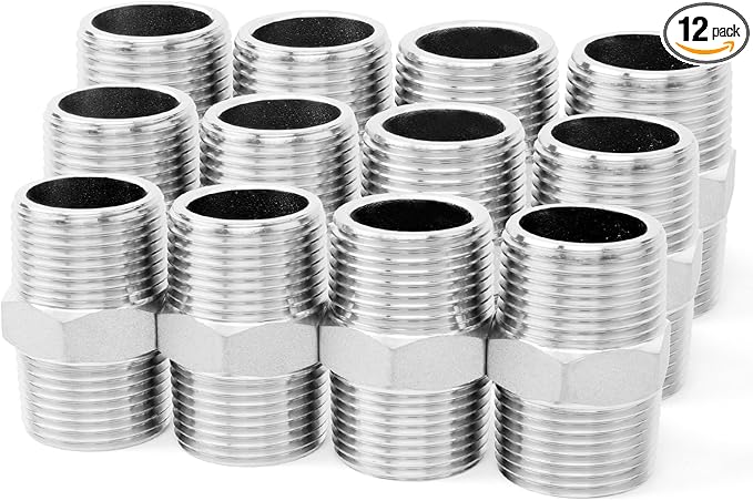 ChillWaves 304 Stainless Steel Pipe Fitting, Hex Nipple 1/4" NPT Male x 1/4" NPT Male Thread Adapter(12-PACK)
