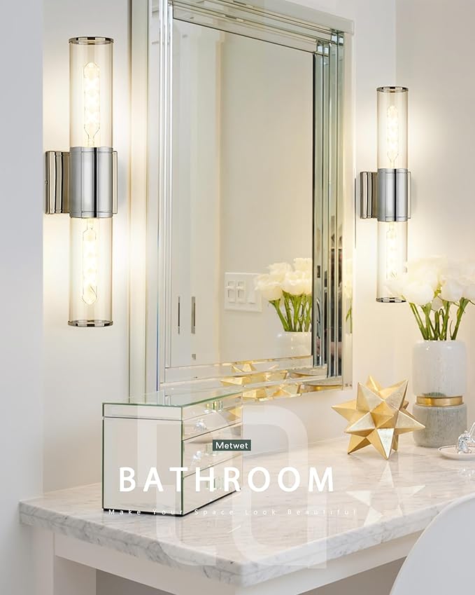 Bathroom Vanity Light Fixtures, Chrome Wall Lights in Clear Glass Indoor Wall Sconce, Modern Wall Light Up and Down Wall Mount Lamp for Bathroom, Bedroom, Hallway, Kitchen, VL834-CH-CL