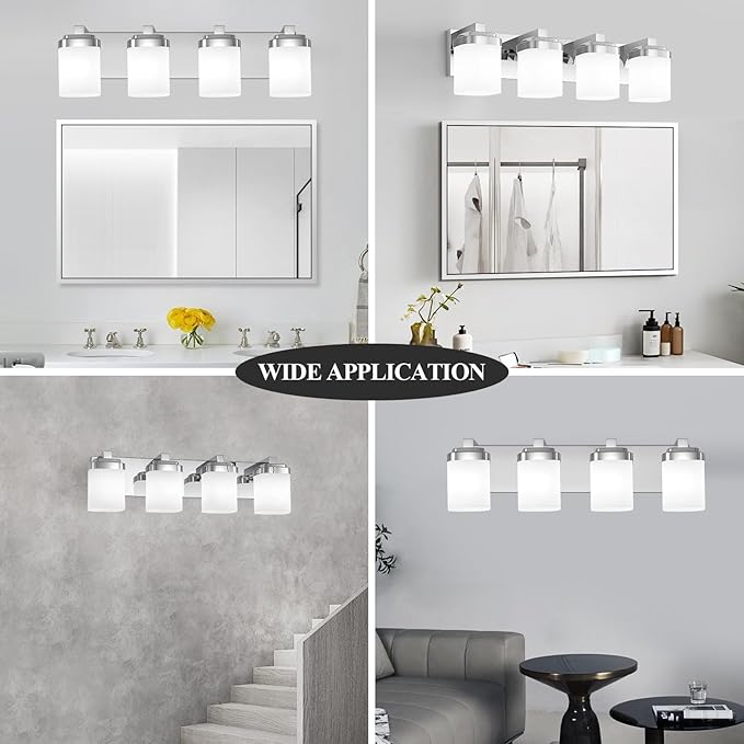 4-Light Chrome Bathroom Light Fixtures, Vanity Lights for Bathroom Mirror Lamp with Milky White Square Glass Shade, E26 Base Modern Wall Sconce Kitchen Light Fixtures Led Vanity