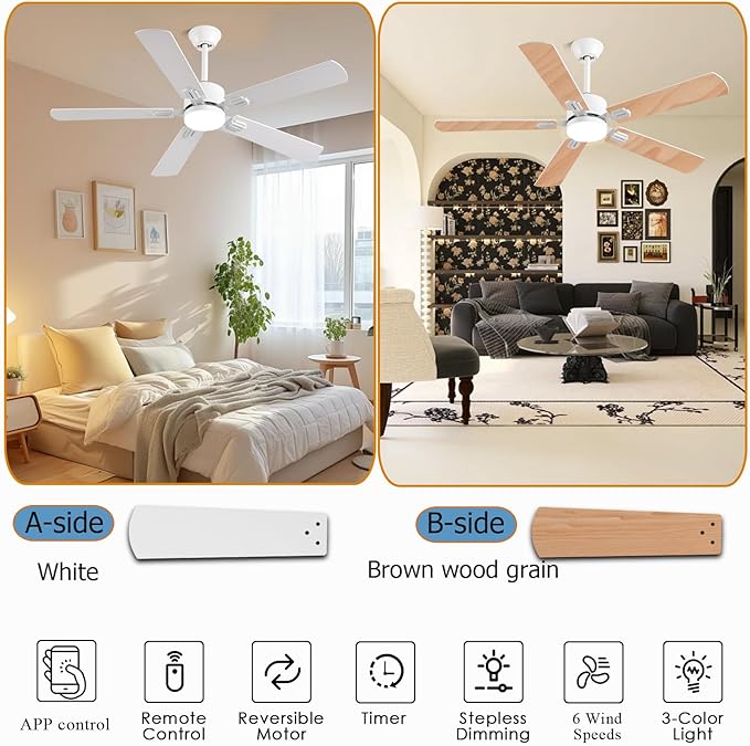 52 inch Modern White Ceiling Fans with Lights APP/Remote Control, Low Profile Reversible 6 Speeds Ceiling Fan Light for Indoor/Outdoor Patio Bedroom Living Room