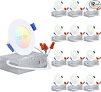 TORCHSTAR Basic Series 12-Pack 5CCT 3 Inch Ultra-Thin LED Recessed Lighting with J Box, CRI90, Aluminum, 2700K3000K3500K4000K5000K, 5%-100% Dimmable Slim Recessed Downlight, 6W 450LM, ETL & ES