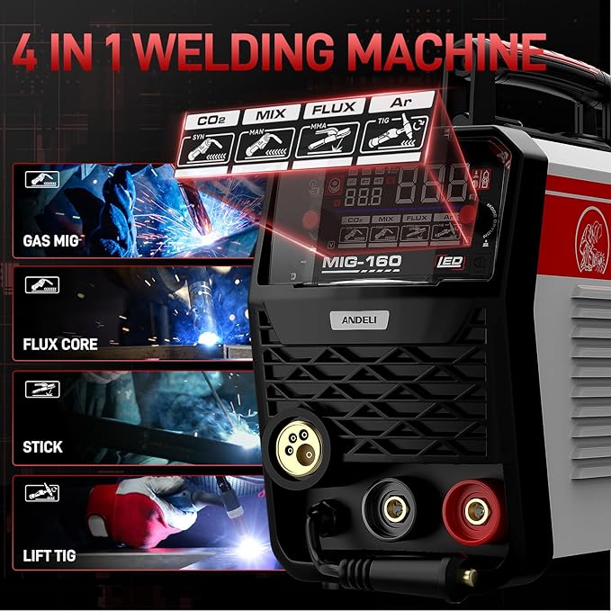 ANDELI MIG Welder, 160Apm 110V/220V Dual Voltage GAS MIG/FLUX MIG/LIFT TIG/STICK 4-In-1 Multiprocess MIG Welder, LED Digital Display Synergic Control,Gas Gasless MIG Welding Machine MIG-160 AIR