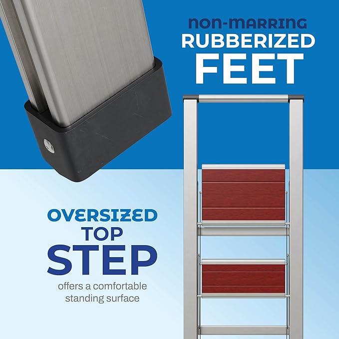 Step Ladder 3 Step Folding, Decorative - Beautiful Mahogany & Silver Aluminum, Ultra Slim Profile, Anti Slip Steps, Sturdy-Portable for Home, Office, Kitchen, Photography Use,by SORFEY