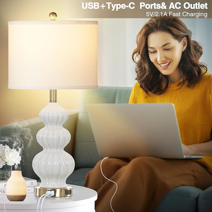 Triple Gourd Ceramic Table Lamps Set of 2, Modern White Bedside Lamps with USB A+C Ports & AC Outlet, 3 Way Touch Control Contemporary Nightstand Lamps for Bedroom Living Room